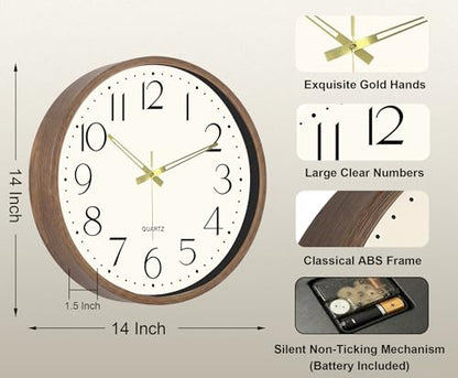 2 Pack 14 Inch Wall Clock, Silent Analog Clock Battery Operated - color: Brown Wood Grain, size: 14In-2Pcs