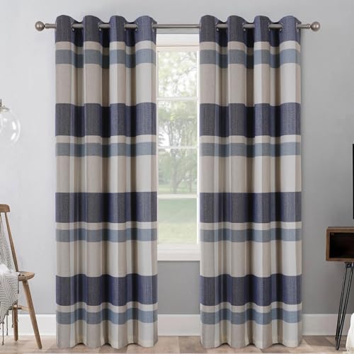 always4u 100% Blackout Plaid Curtains for Bedroom Living Room Woolen Look Black Tartan Grommet Thermal 2 Panels 45 * 63 Blue White - color: Blue White, size: 45"W x 63"L (Pack of 2)