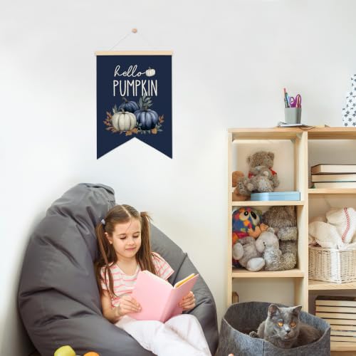LARNDUMAMA Blue Fall Pumpkins Wall Art Canvas Banner Poster for Bathroom - color: blue