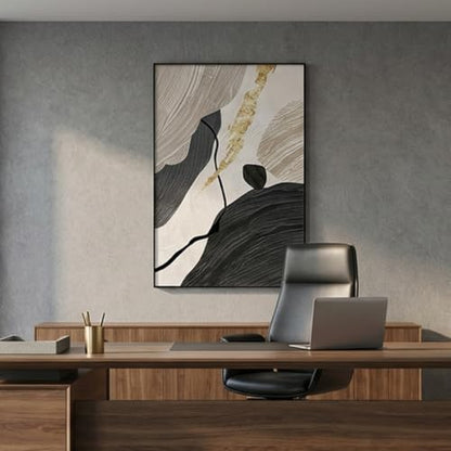 QKF Gold Geometric 3D Texture Black Aluminum Frame Canvas Wall Art - color: Beige & Black with Gold Accent