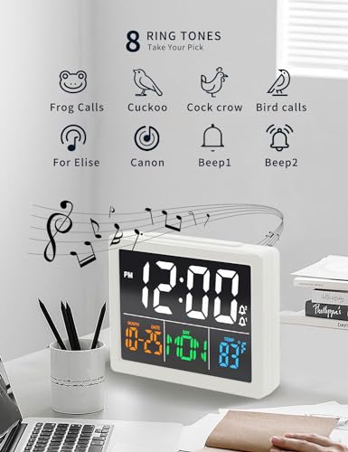 JALL Digital Clock with Date Day for Seniors, Electric Alarm Clocks for Bedrooms with Temperature, 2 Alarms, Dimmer, Dual USB Charger, Battery Backup, Volume Control, Snooze, Bedside Desk Clock, White - color: White