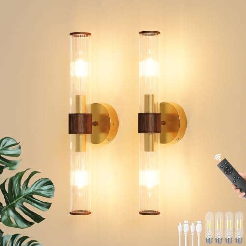 Morauroral Gold Walnut Battery Operated Wall Sconces Set of 2 - color: Gold Walnut