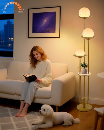 Lightdot Globe Floor Lamp with Table 3-Lights Modern Dimmable Floor Lamps for Wedding/Party, 3000K Warm White Bulbs Included, Gold Tall Standing Lamp for Living Room/Bedroom/Sofa Beside/Corner Decor - color: 3U Globe-Gold