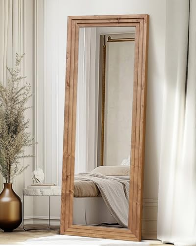 65x22in Full Length Mirror, 3-Tier Stepped Solid Wood Frame - color: Light Brown, size: 65"L x 22"W