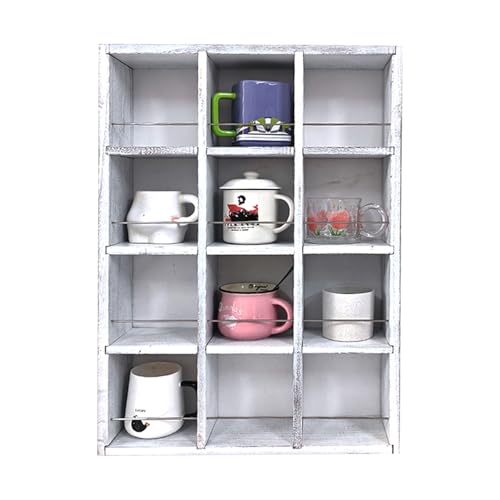 12 Grid coffee mug display shelf,17x25" Wooden cup shelf for wall, White - color: Old White