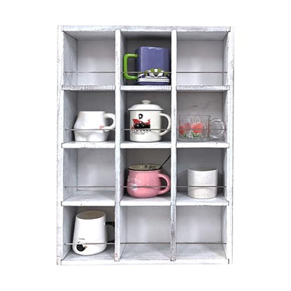 12 Grid coffee mug display shelf,17x25" Wooden cup shelf for wall, White - color: Old White