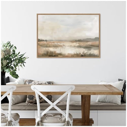 Kate and Laurel Framed Canvas Wall Art Print Neutral Abstract Landscape by The Creative Bunch Studio, 33 x 23 Sylvie Beaded Rustic Natural Frame, Modern Contemporary, Landscape Art for Wall Decor - size: 33"L x 23"W