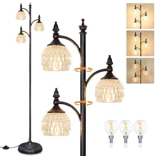 JUNNAI Black Flower Floor Lamp,Tall Standing Lamp Dimmable Tree Floor Lamps with 3 Lights Glass Shade 66.5in Modern Corner Lamp for Living Room Bedroom Office(3LED Bulbs - color: Black-4