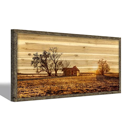 Farmhouse Picture Framed Wall Art: Large Bedroom Wooden Farm Country Painting Horizontal Old Barn Cabin Sunset View Artwork Big Panoramic Nature Landscape Natural Scene Print for Home Living Room - color: Farm 04, size: 40"L x 20"W