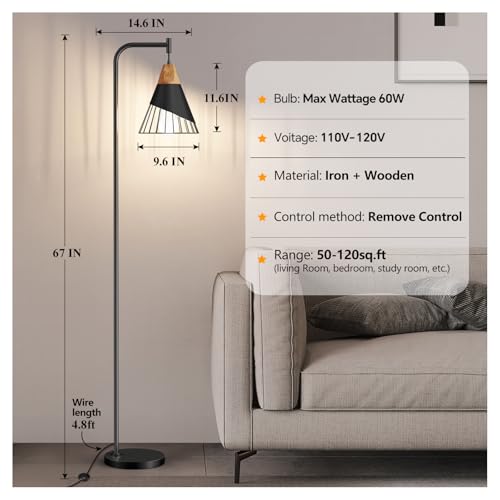 67" Industrial Floor Lamp with Wood & Black Metal Shade, Modern Standing Lamp, Rustic Farmhouse Tall Lamp for Living Room Bedroom Office, 2700K Bulb & Foot Switch Included (Black + Remote Control) - color: Black + Remote Control
