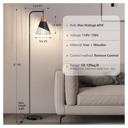 67" Industrial Floor Lamp with Wood & Black Metal Shade, Modern Standing Lamp, Rustic Farmhouse Tall Lamp for Living Room Bedroom Office, 2700K Bulb & Foot Switch Included (Black + Remote Control) - color: Black + Remote Control