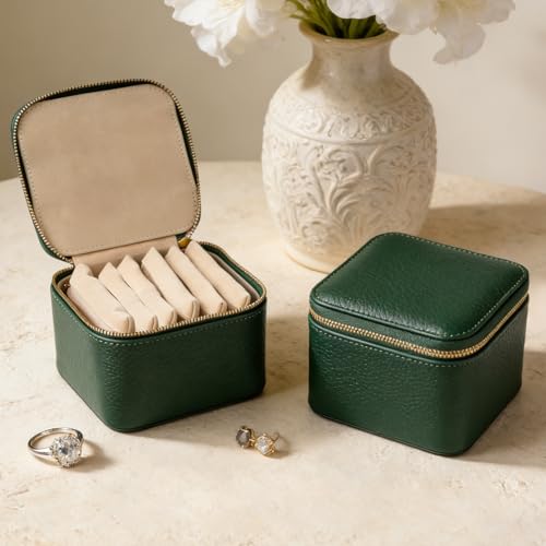Travel Jewelry Case with 6 Velvet Zipped Pouches Bags, Dark Green - color: Dark Green - 6 Pouch