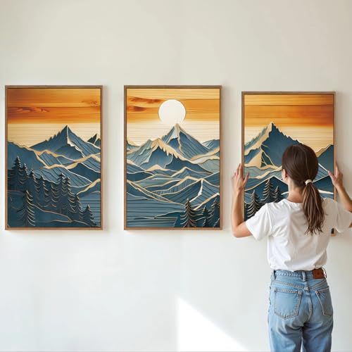 Tinonedraw Large Mountains Framed Canvas Wall Art Set of 3, Boho Nature Woodcut Forest Art Prints, Mid Century Modern Wall Decor, Sunset Landscape Art Paintings for Living Room Bedroom Office 16"x24" - color: Vintage Mountain, size: 24"L x 16"W