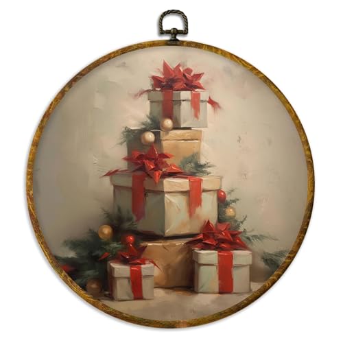 XPH Vintage Christmas Round Wall Art Framed, Winter Christmas Circle Wall Decor, Retro Cottagecore Holiday Gift Boxes Hanging Canvas Prints for Home Bedroom Living Room Decoration, 10x10 Inch - color: Christmas 01