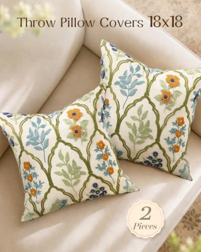 Embroidered Throw Pillow Covers 18x18, Set of 2, Verdant Blooms - color: Verdant Blooms, size: 18" x 18" (Pack of 2)