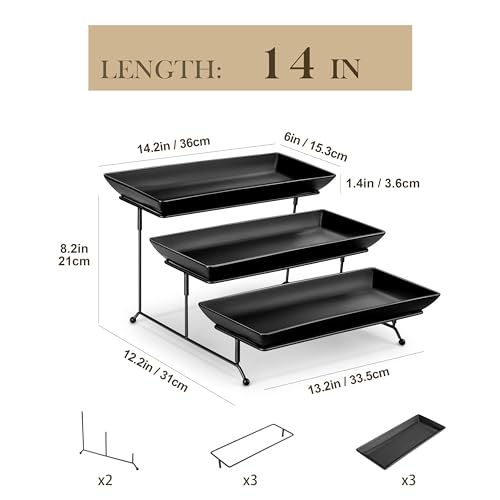 MALACASA 3 Tier Serving Trays for Party, Stoneware Serving Platters and Trays, 14 Inch Tiered Tray Stand, Fruit Tray, Trays for Serving Food, Black Dessert Stand with Collapsible Sturdier Metal Rack - color: Black, size: 14 Inch