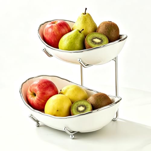 2-Tier Fruit Bowls for Kitchen Counter,Ceramic White Bowl with Silver Metal Stand,2 Tier Fruit Basket for Fruit,Snack,Cake,Nuts,Dessert Space Saving Storage - color: Silver&White