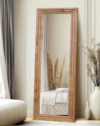 65x22in Full Length Mirror, 3-Tier Stepped Solid Wood Frame - color: Light Brown, size: 65"L x 22"W