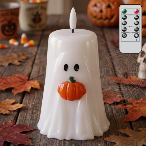 GenSwin Halloween Ghost Flameless Candle Remote Battery Operated Candle - color: Ghost Pumpkin
