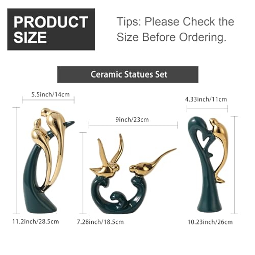 Ceramic Statues Set of 3, Birds and Base Sculpture Modern Home Decor - color: Green and Gold
