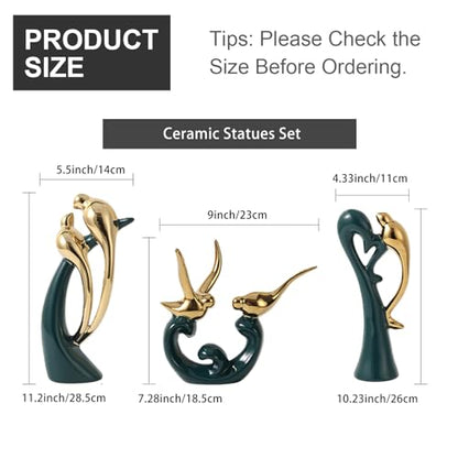 Ceramic Statues Set of 3, Birds and Base Sculpture Modern Home Decor - color: Green and Gold