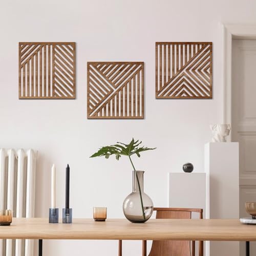 Bnesi 3 Piece Abstract Geometric Wood Wall Art Decor Modern Boho Minimalist Slatted Design Wall Sculpture Art Decor for Living Room Bedroom Home Bathroom (Classic, Medium) - style: Classic