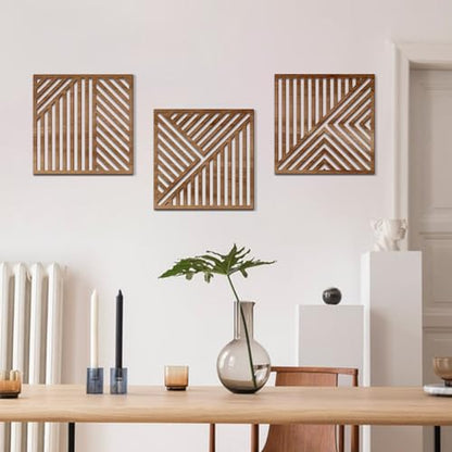 Bnesi 3 Piece Abstract Geometric Wood Wall Art Decor Modern Boho Minimalist Slatted Design Wall Sculpture Art Decor for Living Room Bedroom Home Bathroom (Classic, Medium) - style: Classic