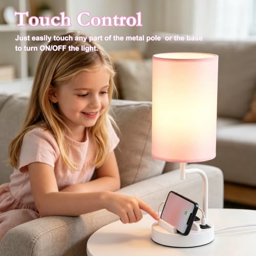 Dreamholder Touch Control USB Table Lamp with USB C/A & AC Outlet, 3-Way Dimmable Bedside Lamp, Modern Nightstand Lamps for Bedroom Living Room Guest Room Office, Bulb Included, White Pink - color: White Pink