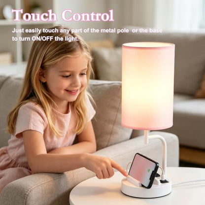 Dreamholder Touch Control USB Table Lamp with USB C/A & AC Outlet, 3-Way Dimmable Bedside Lamp, Modern Nightstand Lamps for Bedroom Living Room Guest Room Office, Bulb Included, White Pink - color: White Pink