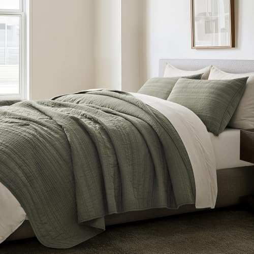 EVERGRACEHOME 100% Cotton Modern Lines Quilt Set King Size, Olive Green - color: Olive Green, size: King (108" X 92")