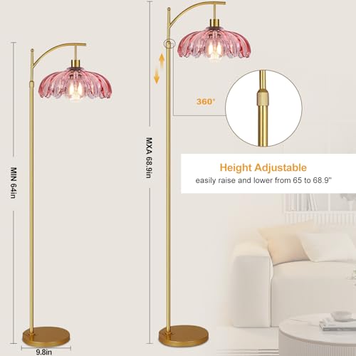 QIYIZM Pink Floor Lamp for Living Room,Bedroom,Gold Dimmable Standing Lamp with Remote,Mid Century Modern Brass Tall Lamp Boho Floor Lamps Arc Stained Glass Flower Floor Light Lamp Girls kids Bohemian - size: Floor Lamp--4