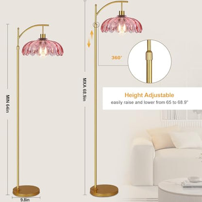 QIYIZM Pink Floor Lamp for Living Room,Bedroom,Gold Dimmable Standing Lamp with Remote,Mid Century Modern Brass Tall Lamp Boho Floor Lamps Arc Stained Glass Flower Floor Light Lamp Girls kids Bohemian - size: Floor Lamp--4