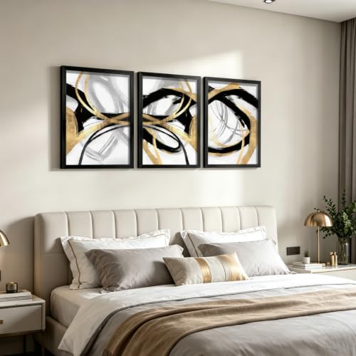 LYYGLYY 3Pcs Black Framed Abstract Black Gold Canvas Wall Art 16x24 Inch - color: Black Frame Dancing Lines, size: 16x24 Inches