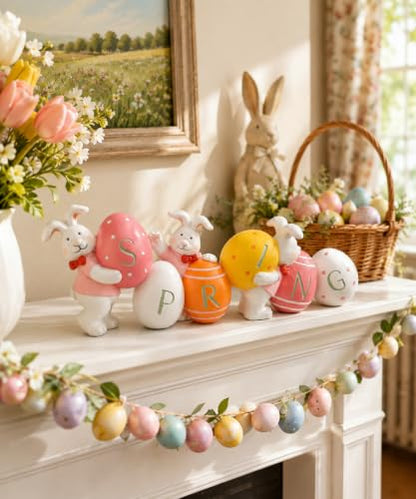 Easter Bunny with Egg Figurines, Rabbit Egg Statues, Spring Home Decorations, Easter Theme, Bookshelf Mantle Decor