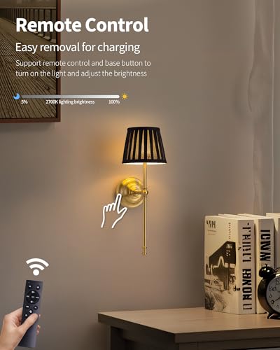 KDG Gold Cordless Wall Sconces Set of 2, Black Fabric LED Wall Lamps - color: Gold + Black Lampshde (2 Pack)