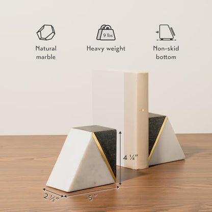 Cork & Mill Marble Bookends with Gold Brass, Grey and White, Set of 2
