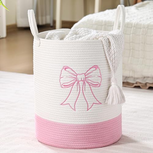 Honeydak Pink Bow Cotton Rope Laundry Basket Hamper, Bowknot - style: Bowknot