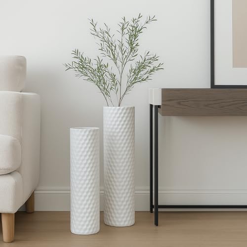 Leewadee Set of 2 Large Floor Vases Metal for Pampas Grass - color: White