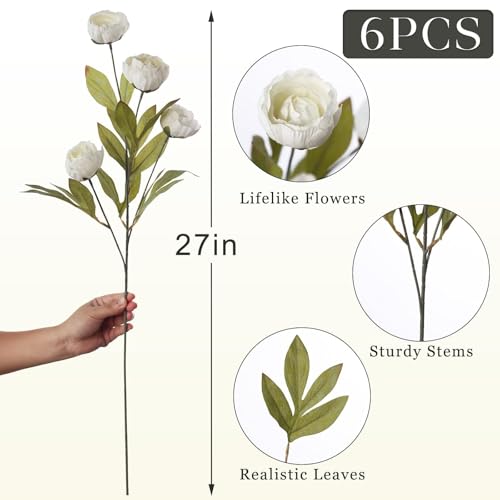 VIERENA 6 Pcs 27" Faux Silk Peony Artificial Flowers Stems for Vase (Cream) - color: Cream