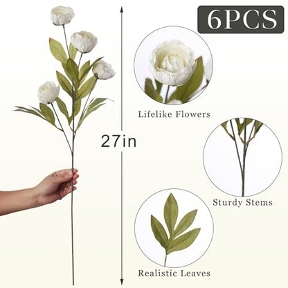 VIERENA 6 Pcs 27" Faux Silk Peony Artificial Flowers Stems for Vase (Cream) - color: Cream