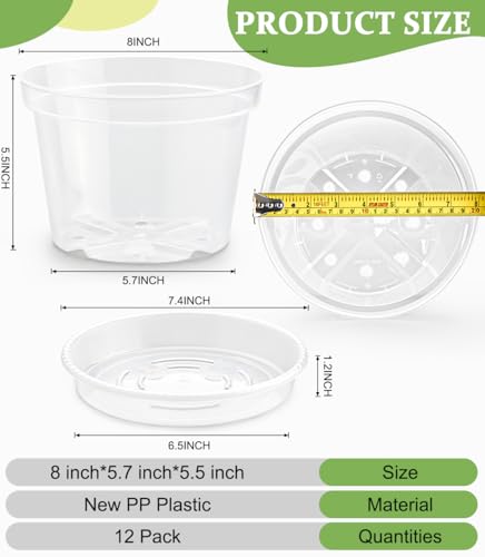RooTrimmer 12 Pack 8 Inch Clear Plant Pots with Saucers, Transparent Plastic Nursery Pots with Drainage Hole, Sturdy Garden Planter Pots, Planting Starter Pots for Indoor Outdoor - color: Clear, size: 8 Inch 12 Pack