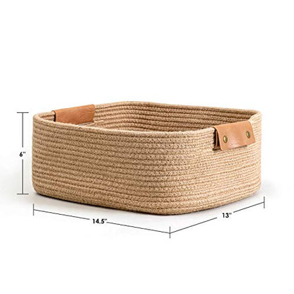 CHICVITA Large Woven Rope Gift Basket with Leather Handles, 20L, Jute - color: Jute, size: 14.5 x 13 x 6 Inch