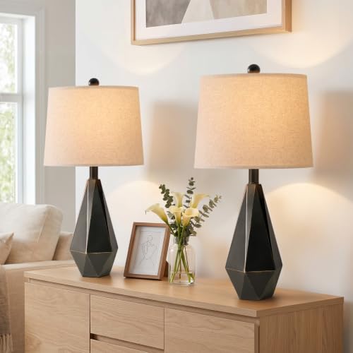 PoKat 23'' Farmhouse Table Lamps Set of 2, Black Bedside Lamps for Bedroom Night Stands, Modern Nightstand Lamps for Living Room, End Side Table, Black - color: Medium - Black with Gold