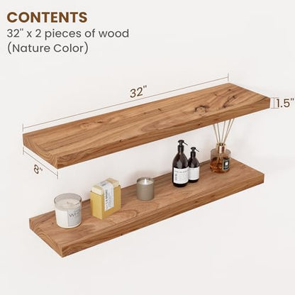 Floating Shelves for Wall, 8" Deep Elm Wood Shelves, 32in Set of 2, Natural - color: Natural, size: Flat Edge, 32inch, 2Packs