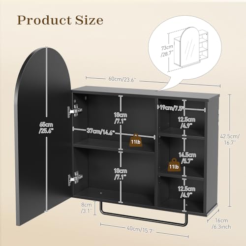 RALGEND Arched Bathroom Medicine Cabinet Mirror with Storage, Modern Arch Mirrored Cabinets, Wall-Mounted Vanity with 2 Adjustable Shelves & Towel Bar, Not Recessed, Black - color: Black