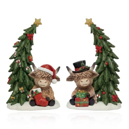 Yuntau 2 Pcs Christmas Highland Cow Figurines Decor Wooden Highland Cows Statues with Christmas Tree Table Ornament Gift for Home Decor Xmas Party Supplies Decoration - style: Christmas Highland Cow