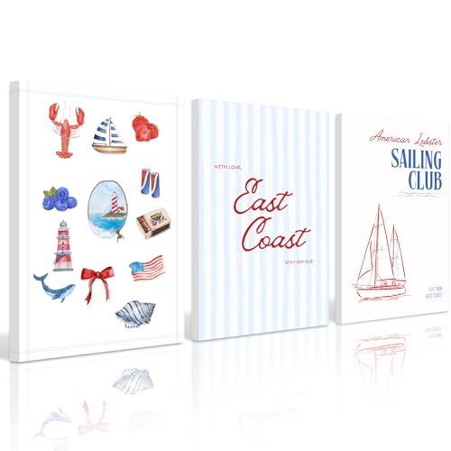 Coastal Wall Art Preppy Aesthetic Wall Decor Trendy East Coast Wall Art Watercolor Sailboat Prints Vintage Beach Pictures Coastal Poster for Living Room Bedroom 12x16 Inch Ready to Hang Set of 3 - color: East Coast Prints, size: 12x16 Inch Wrapped Canvas