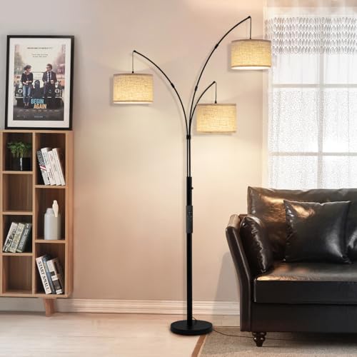 3 Light Arc Floor Lamp with Remote, Beige Shade Black Pole - color: Black-Beige Shade, size: 3