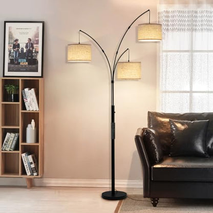3 Light Arc Floor Lamp with Remote, Beige Shade Black Pole - color: Black-Beige Shade, size: 3