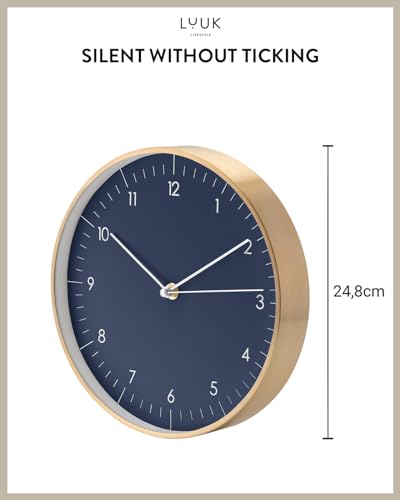 LUUK LIFESTYLE Modern Silent Quartz Wall Clock, 10in, Dark Blue & Gold | Royal color, Non-ticking, Analog, Easy-to-read display, Battery operated, Simple & Elegant, Housewarming gift - color: Dark Blue, 10"